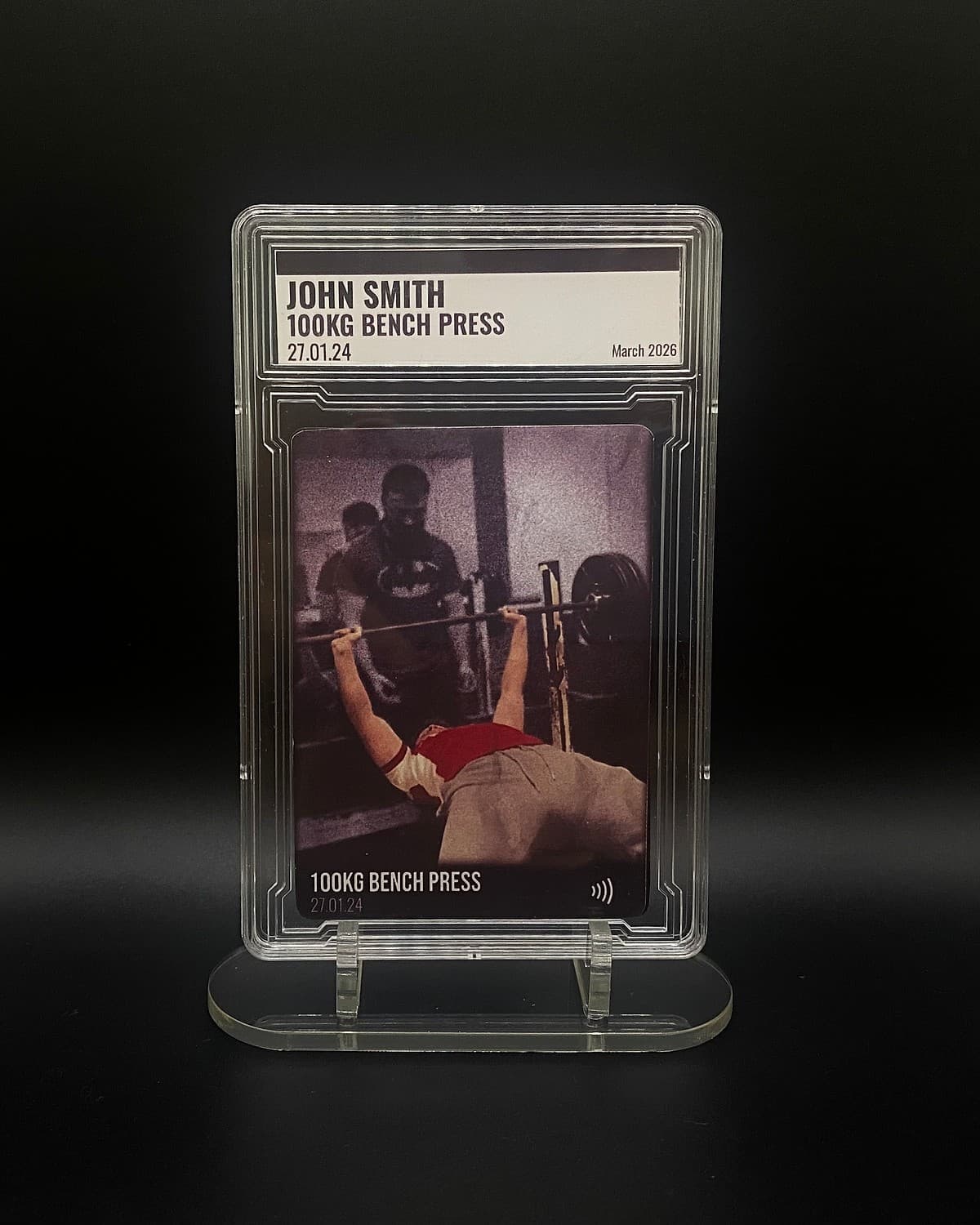 STNDOUTS moment card in its collector's case, on the display stand