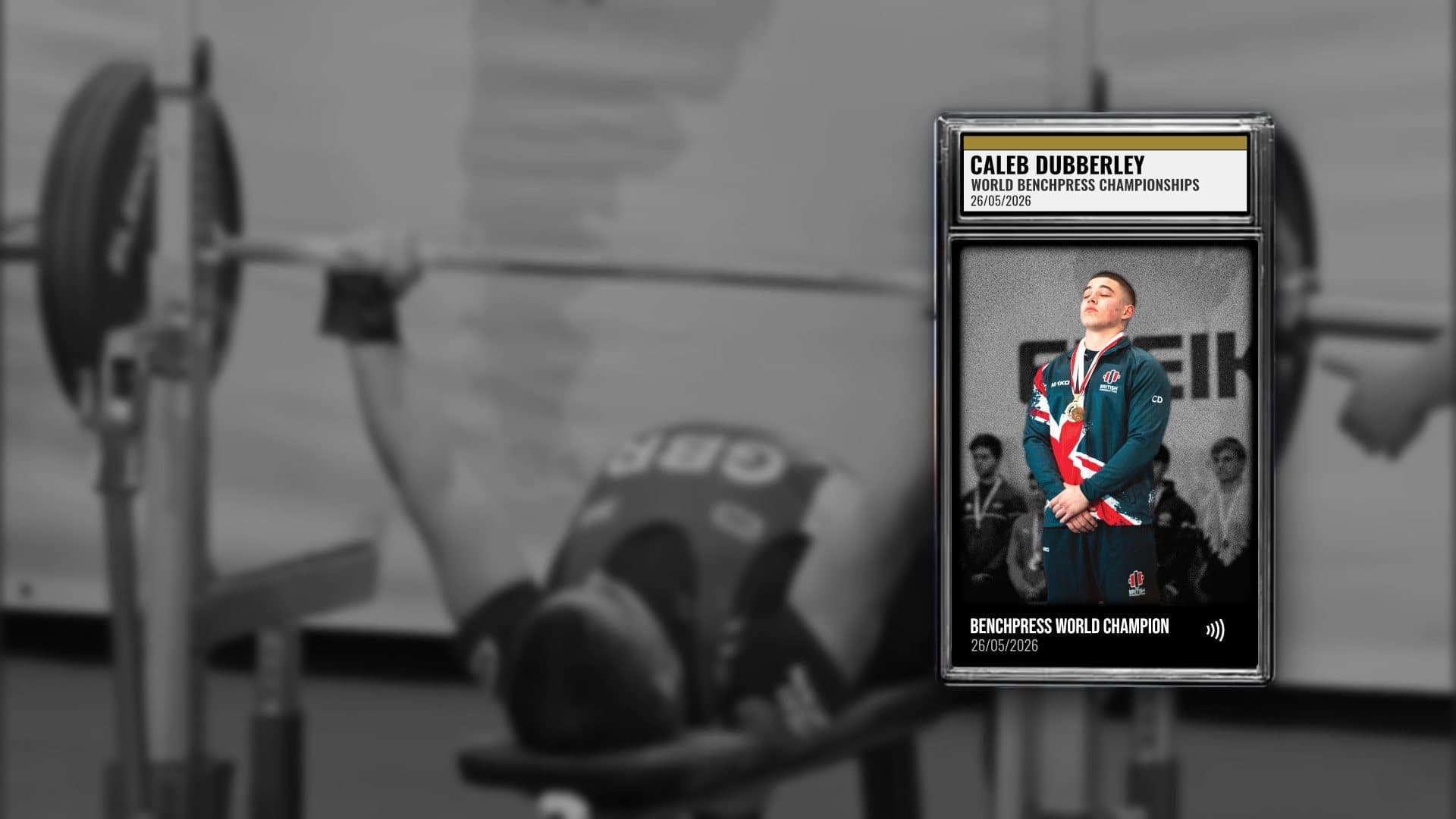 Caleb Dubberley benching at the World Bench Press Championships, with his STNDOUT Card