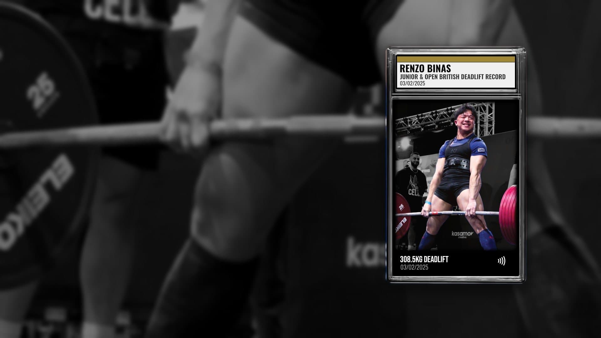 Renzo Binas deadlifting 308.5kg for the British record, with his STNDOUT Card