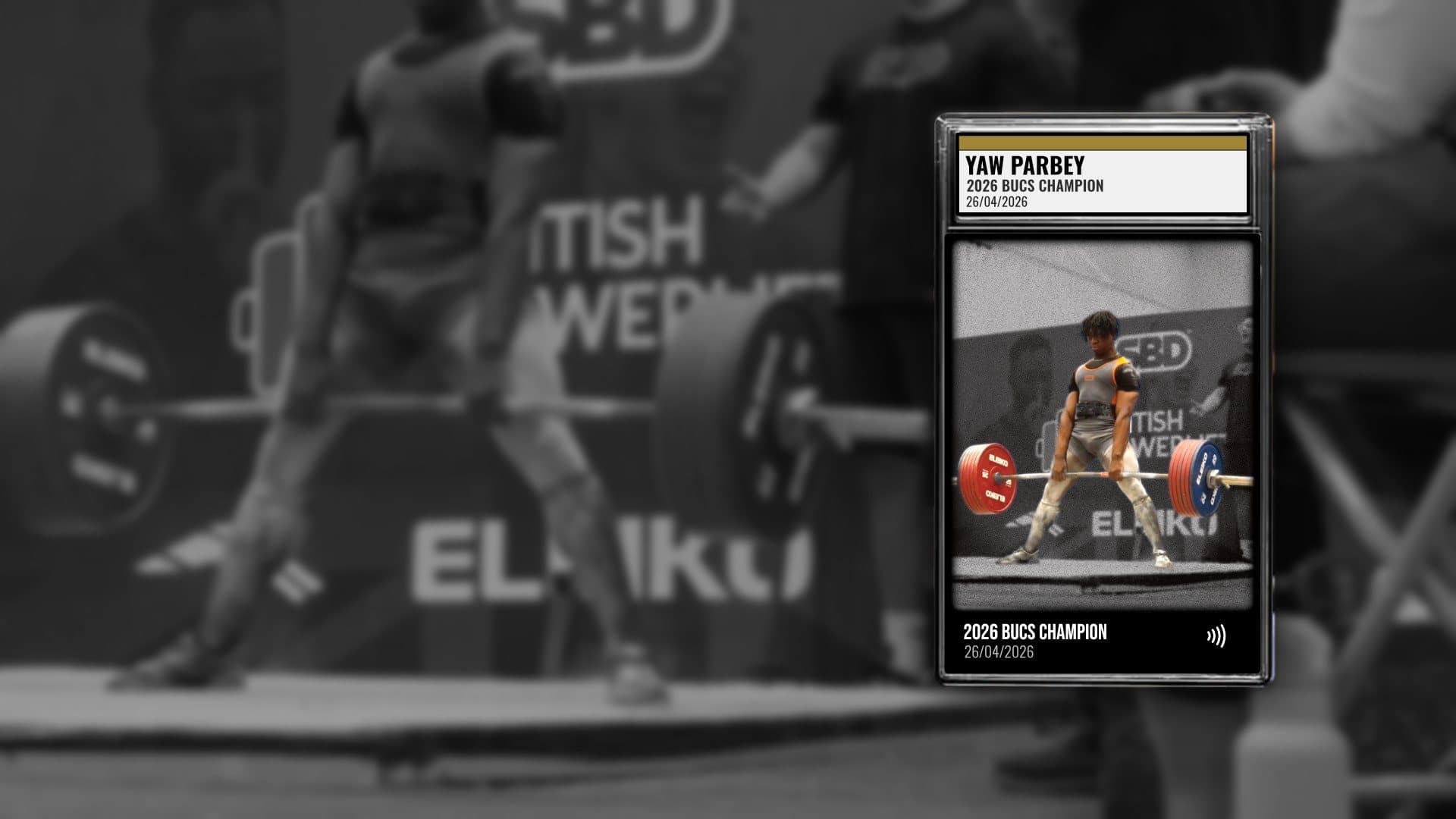 Yaw Parbey deadlifting at BUCS 2026, with his STNDOUT Card